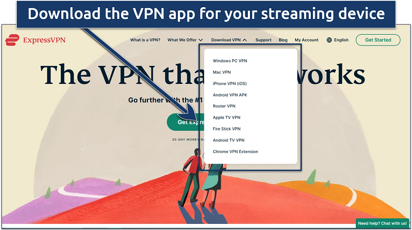 Screenshot of ExpressVPN's website with download links for various devices