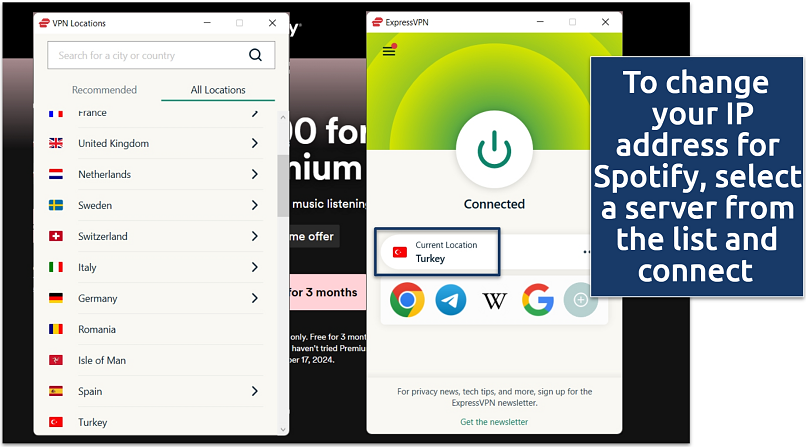 Screenshot showing Spotify site with ExpressVPN connected to Turkey