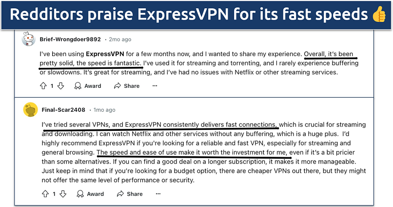 Screenshot of ExpressVPN's Reddit opinions