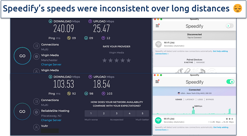 Screenshot of Speedify's speed test results