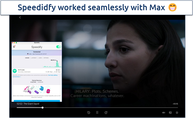 Screenshot of a show streaming on Max with Speedify connected