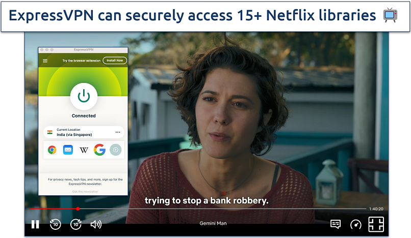 Screenshot of Gemini Man streaming on Netflix India with ExpressVPN connected