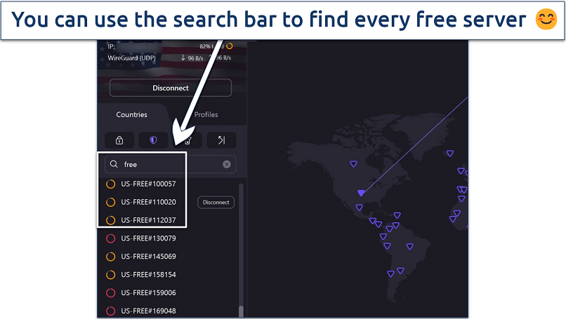 Screenshot of the ProtonVPN app where we used the search bar to find the free servers