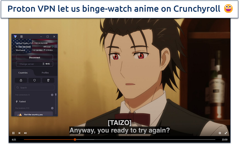 Screenshot of anime streaming on Crunchyroll with Proton VPN connected