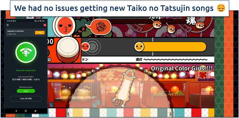 Screenshot of Taiko no Tatsujin gameplay with Avira Phantom VPN connected