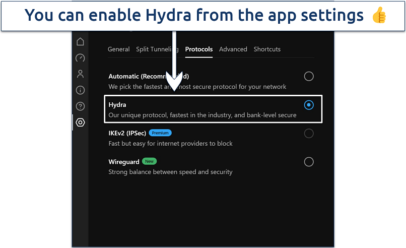 Screenshot showing how to enable hide.me's Hydra protocol