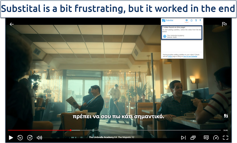 Screenshot of The Umbrella Academy on Netflix while using the Substital add-on