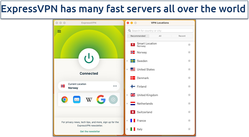 Screenshot of the server list in the ExpressVPN app