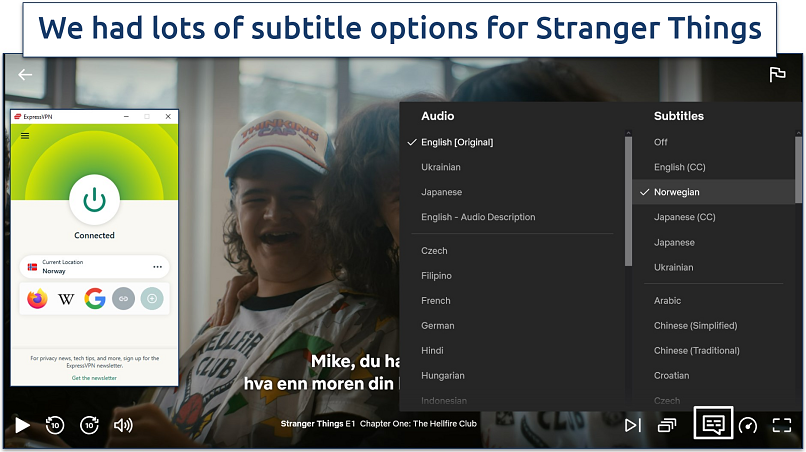 Screenshot of Stranger Things on Netflix while connected to ExpressVPN