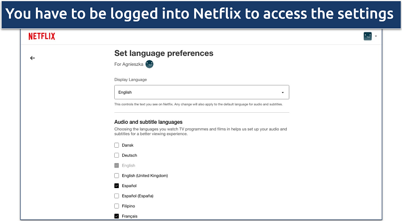 Screenshot of language preferences settings on the Netflix website.