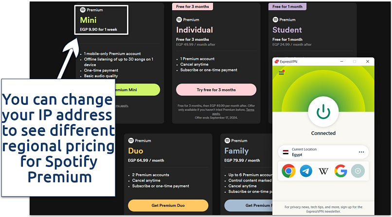 Screenshot showing Egypt Spotify Premium plans via ExpressVPN