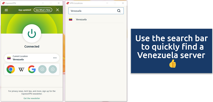 Screenshot of ExpressVPN connected to a server in Venezuela