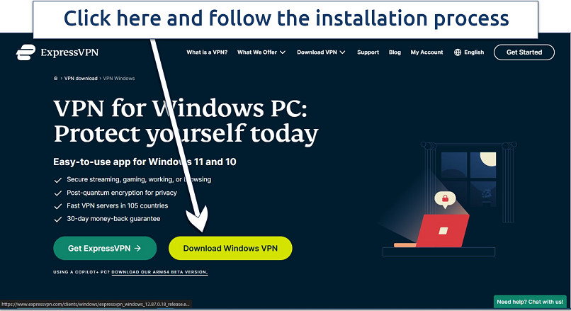 Screenshot of ExpressVPN's webpage with a download link for its Windows app