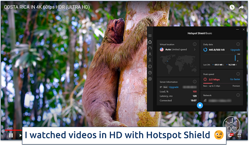 Waching YouTube in HD while connected to Hotspot Shield's free US server