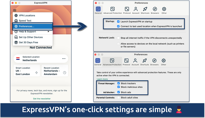 Screenshot of the ExpressVPN home screen and Preferences panels