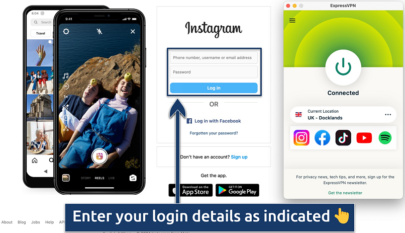 Screenshot showing the Instagram login page alongside the ExpressVPN app