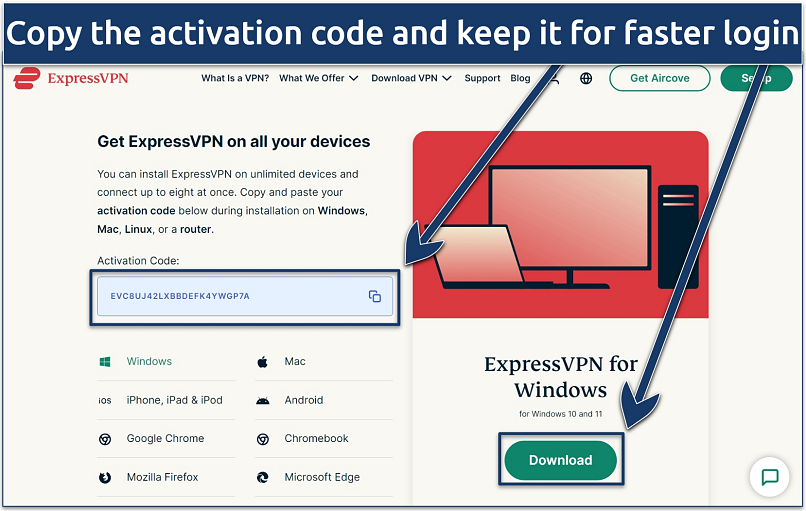 Screenshot of the ExpressVPN app download page for Windows with the activation code highlighted