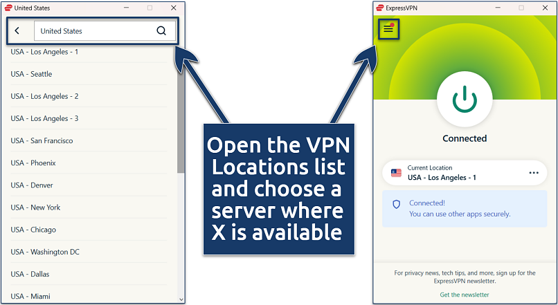 Screenshot of the ExpressVPN Windows app with its server list open and an active connection to the USA - Los Angeles - 1 server