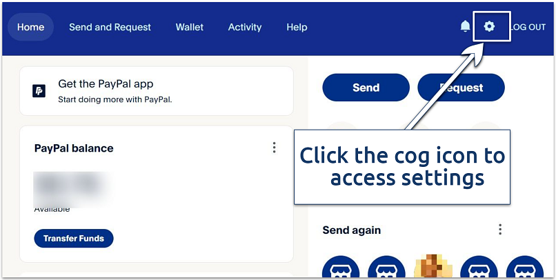 A screenshot of PayPal account home menu