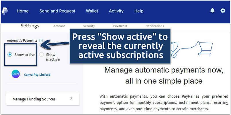 A screenshot of PayPal account automatic payments management page