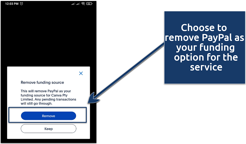 A screenshot showing the cancel confirmation option on the PayPal app