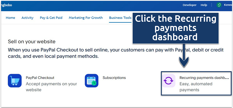 A screenshot showing additional PayPal business account features