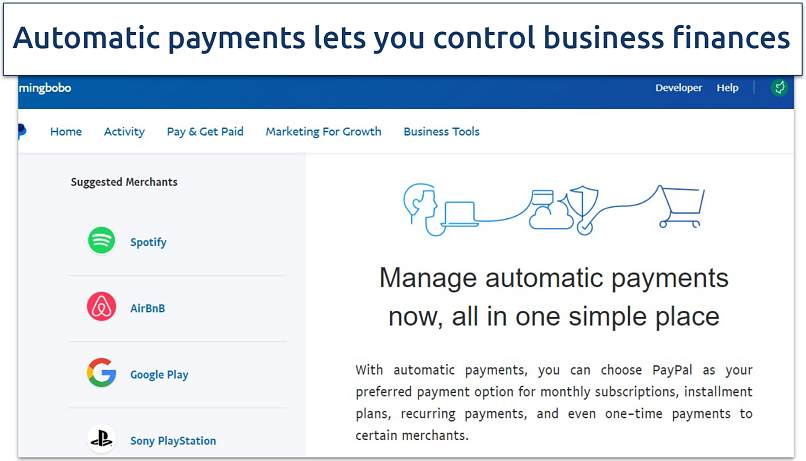 A screenshot showing the PayPal Business automatic payments page