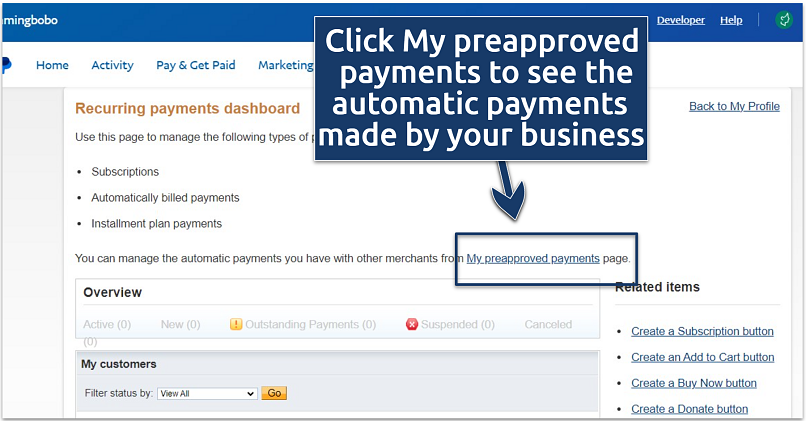 A screenshot showing the PayPal recurring payments dashboard