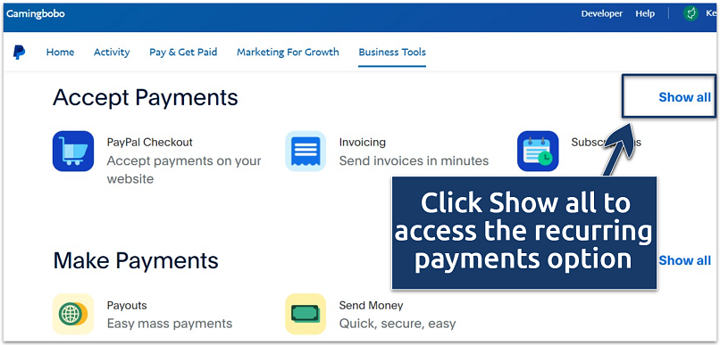 A screenshot showing the PayPal business tools options available