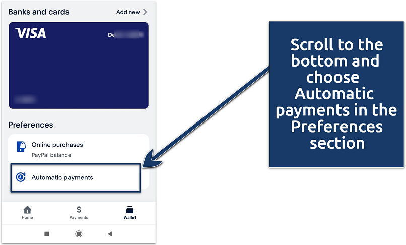 A screenshot showing the PayPal app automatic payments menu