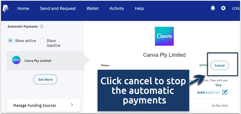 A screenshot showing where to cancel merchant autopayments