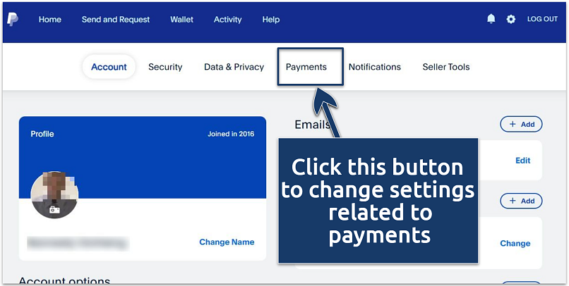 A screenshot of PayPal account settings page