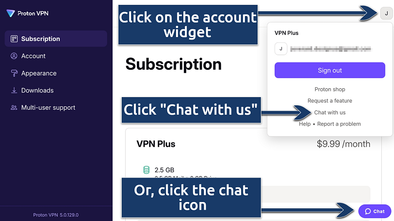 Screenshot showing how to reach live chat with Proton VPN