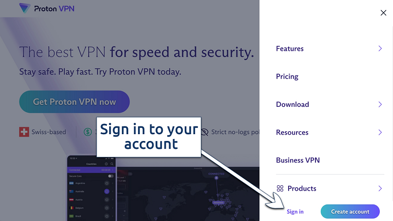 Screenshot showing Proton VPN's home page