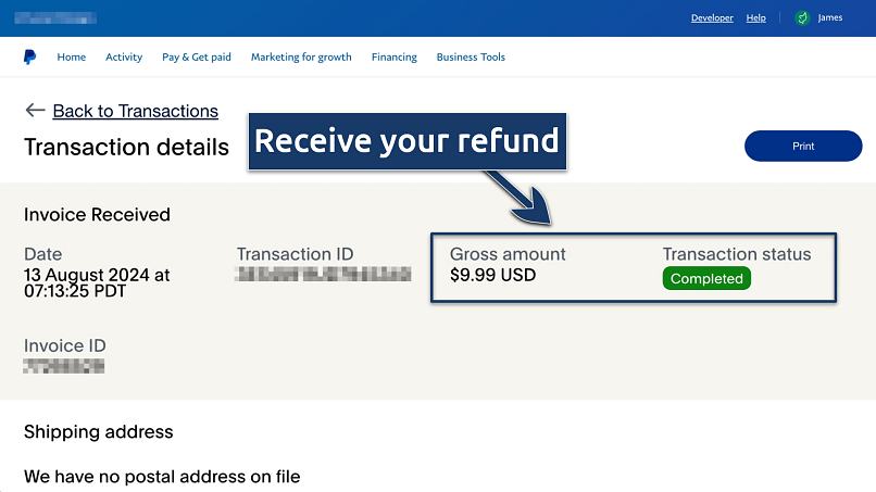 Screenshot showing a PayPal refund for Proton VPN