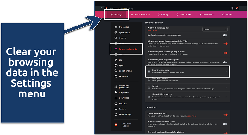 Screenshot showing how to clear Brave Browser's browsing data