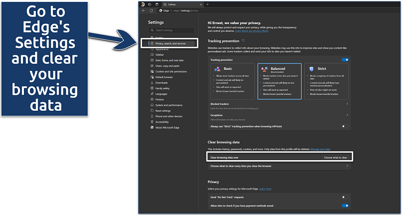 Screenshot showing how to delete Edge's browsing data