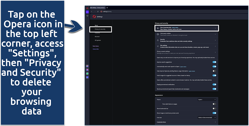 Screenshot showing how to clear your Opera browsing data