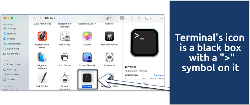 Screenshot showing how to find Terminal on macOS