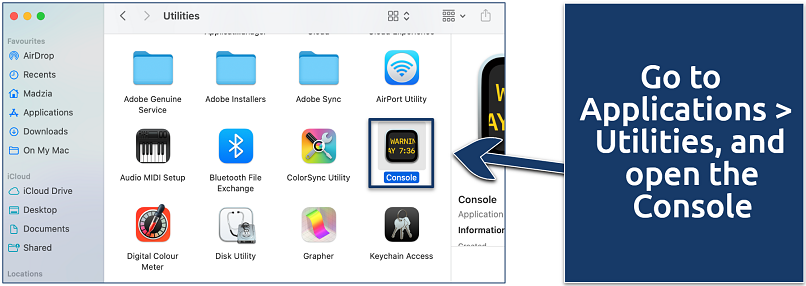  Screenshot showing how to open the macOS console app