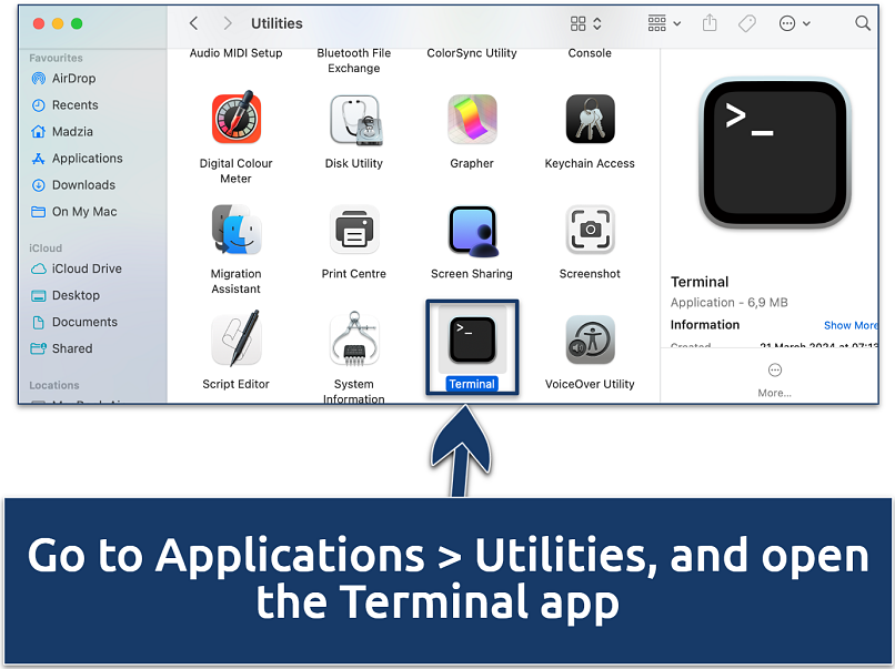 Screenshot showing how to open the macOS Terminal app