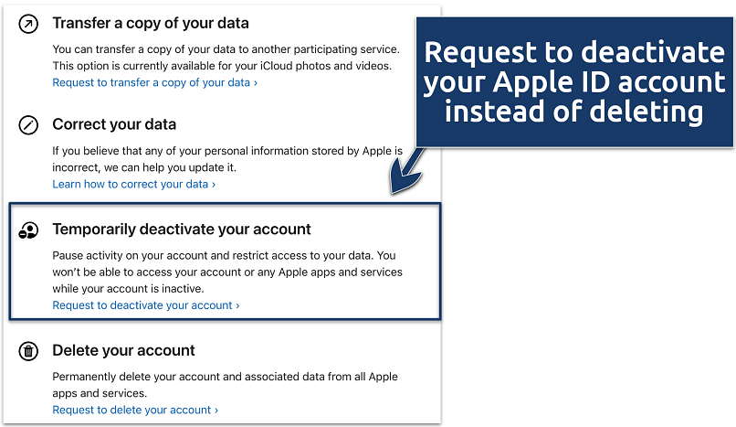  A screenshot showing Apple ID account deactivation menu