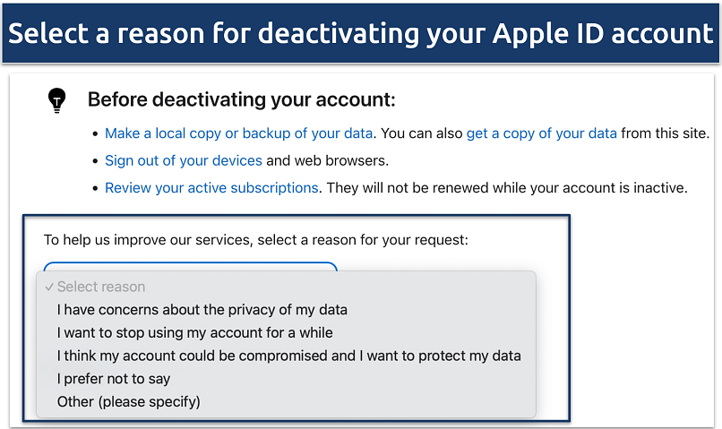 A screenshot showing Apple ID account deactivation prompt