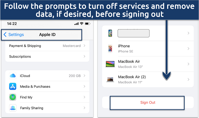 Screenshot showing the Apple ID account sign-out on an iPhone