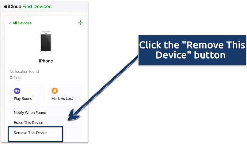 A screenshot showing the iCloud device removal settings on iPhone
