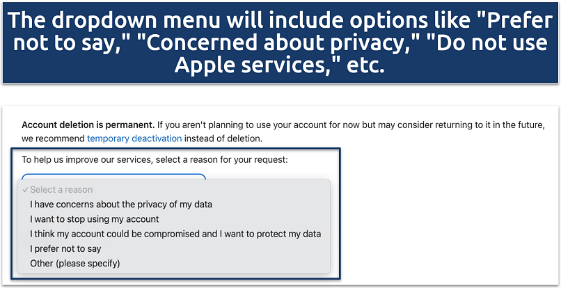 A screenshot showing the Apple ID account deletion prompt