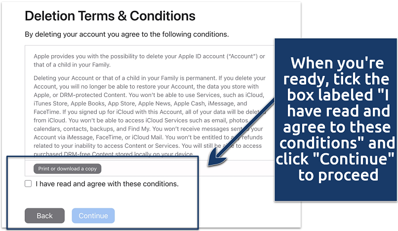 A screenshot showing the Apple ID account deletion T&Cs