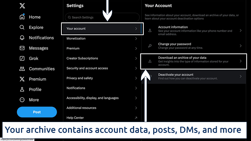 Screenshot showing how to extract your Twitter archive on X