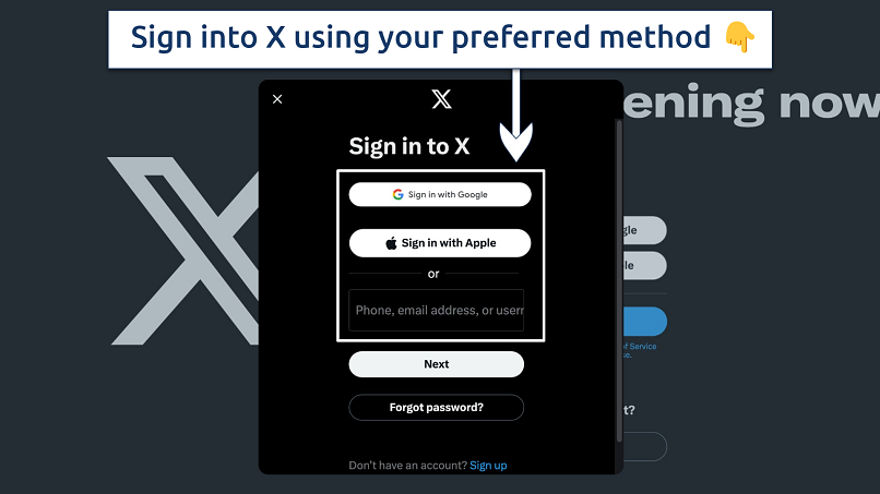 Screenshot showing the login page of X (formerly Twitter)