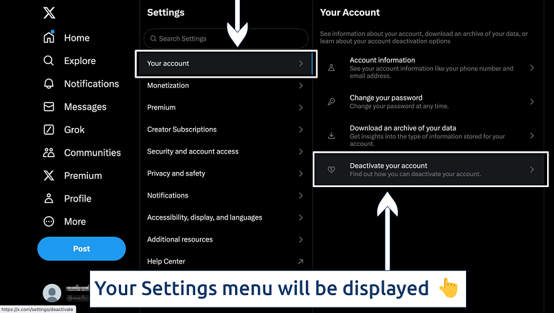 Screenshot showing how to navigate to the Settings submenu on X